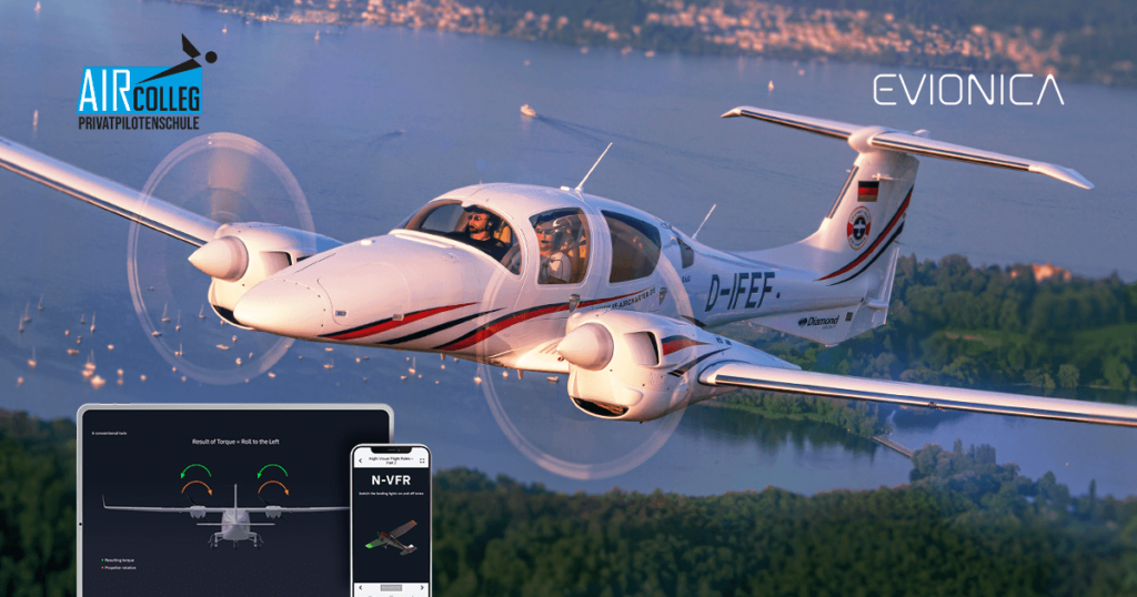Graphic with flying aircraft and sreens from pilot e-learning course on tablet and mobile devices