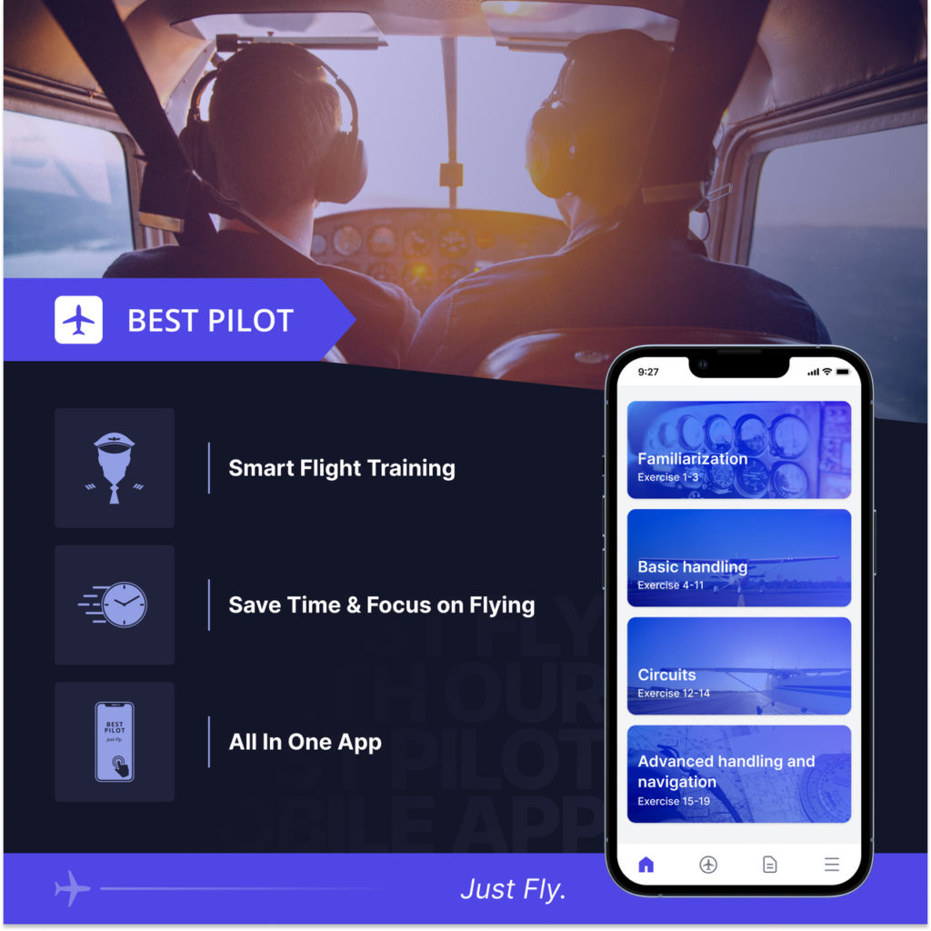 Image shows two pilots in the cockpit and screen of the Best Pilot mobile app