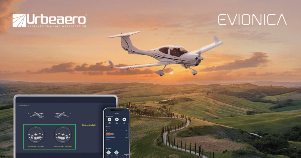 Graphic with flying Diamond Aircraft and Urbe Aero and Evionica logos